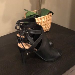 Leather peep toe lace up booties